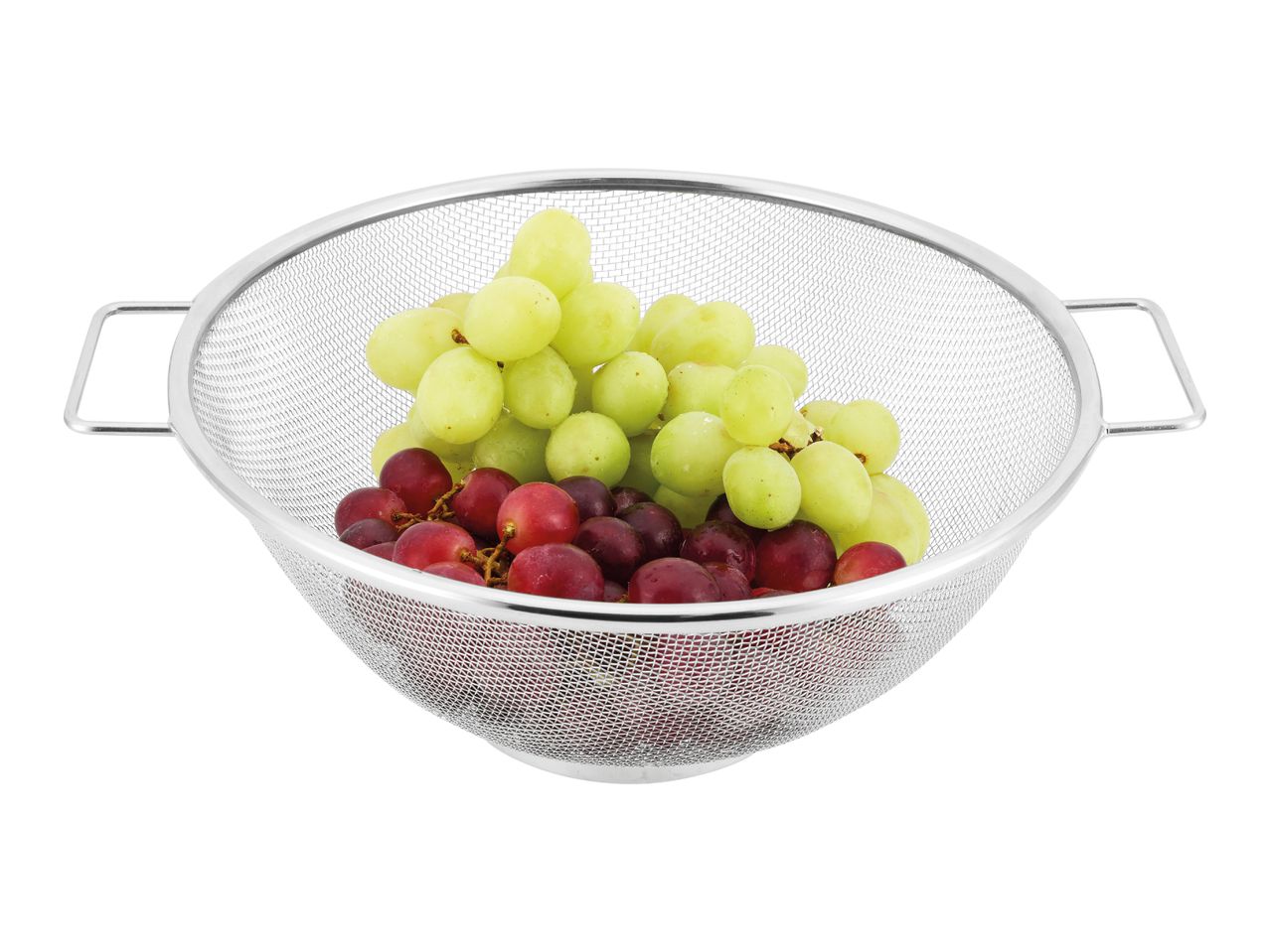Stainless steel colander with green and red grapes.