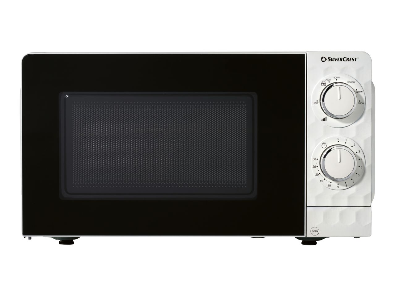 White microwave oven with mechanical control dials