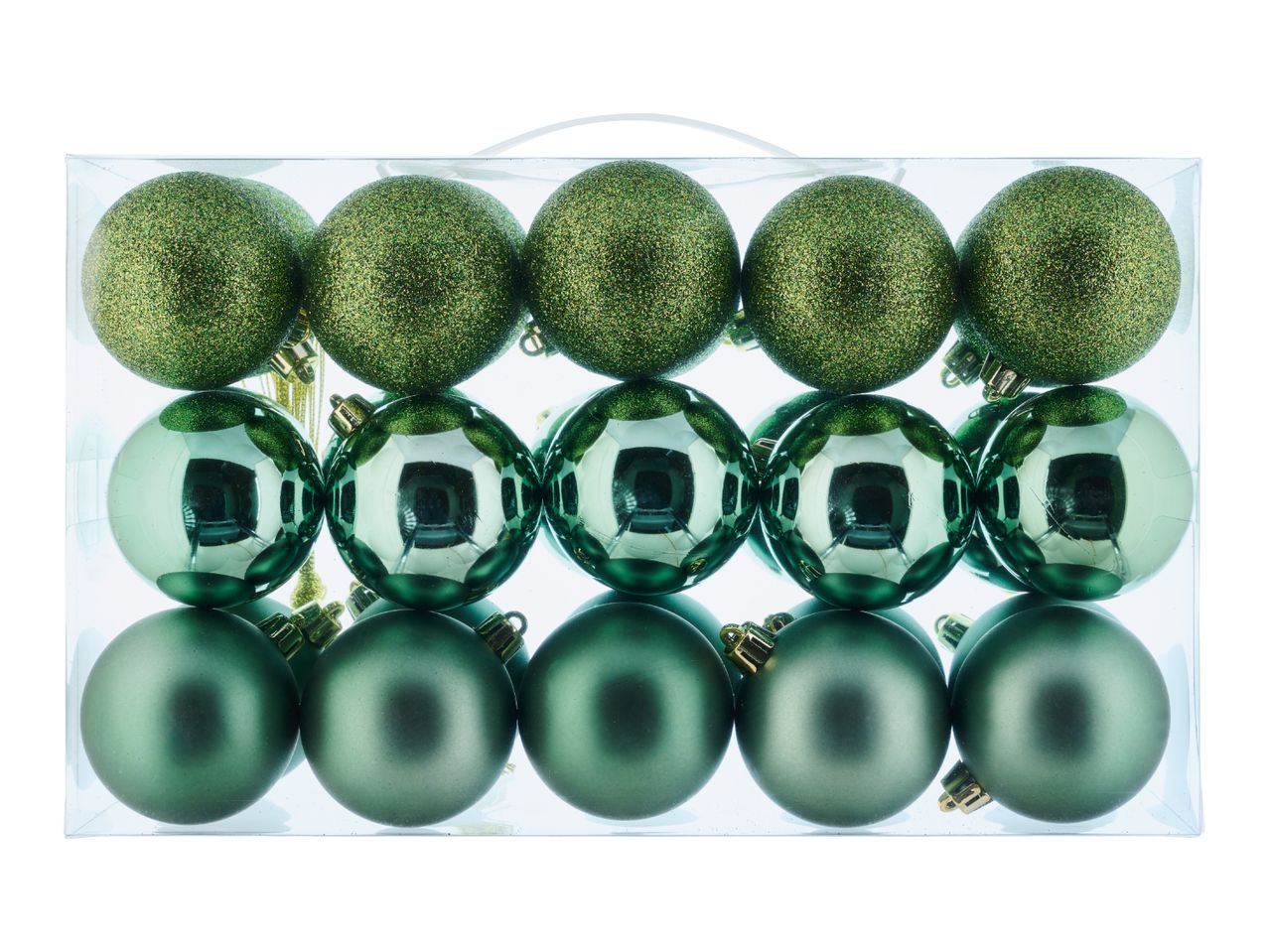 Box of green Christmas baubles in three different finishes: glitter, shiny, and matte.