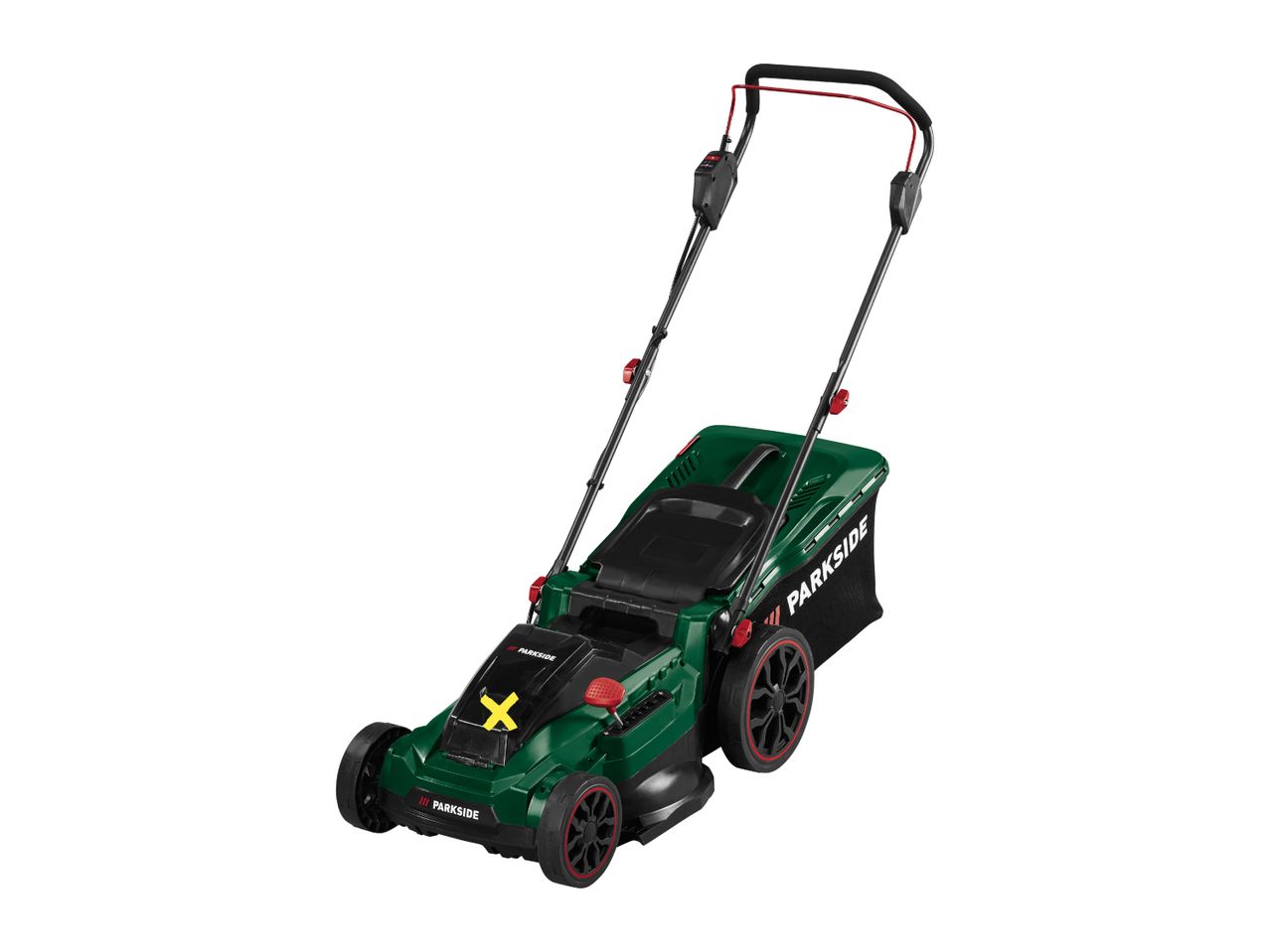 Green lawnmower with black wheels and red accents, seen from an elevated angle.