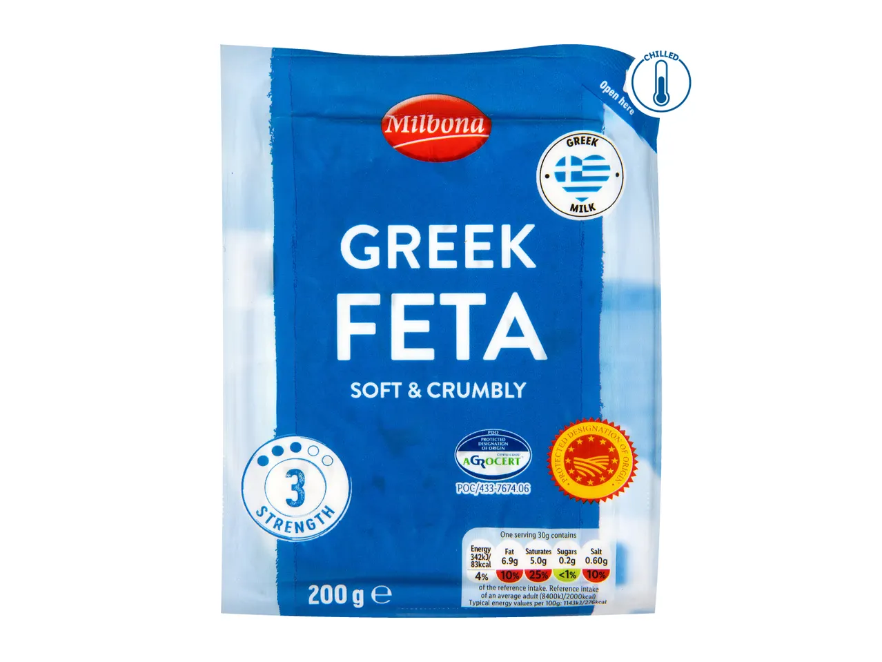 Greek Feta cheese packaging, soft & crumbly, 200g, with nutritional information.