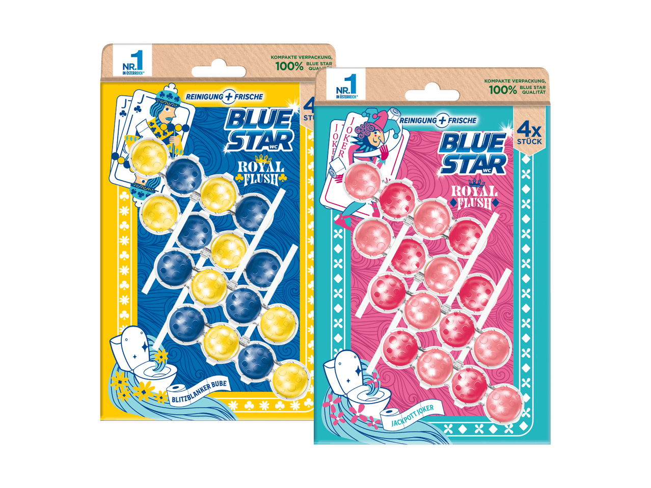Blue Star WC Royal Flush WC-Reiniger in Blau und Pink mit Spielkarten-Design.
