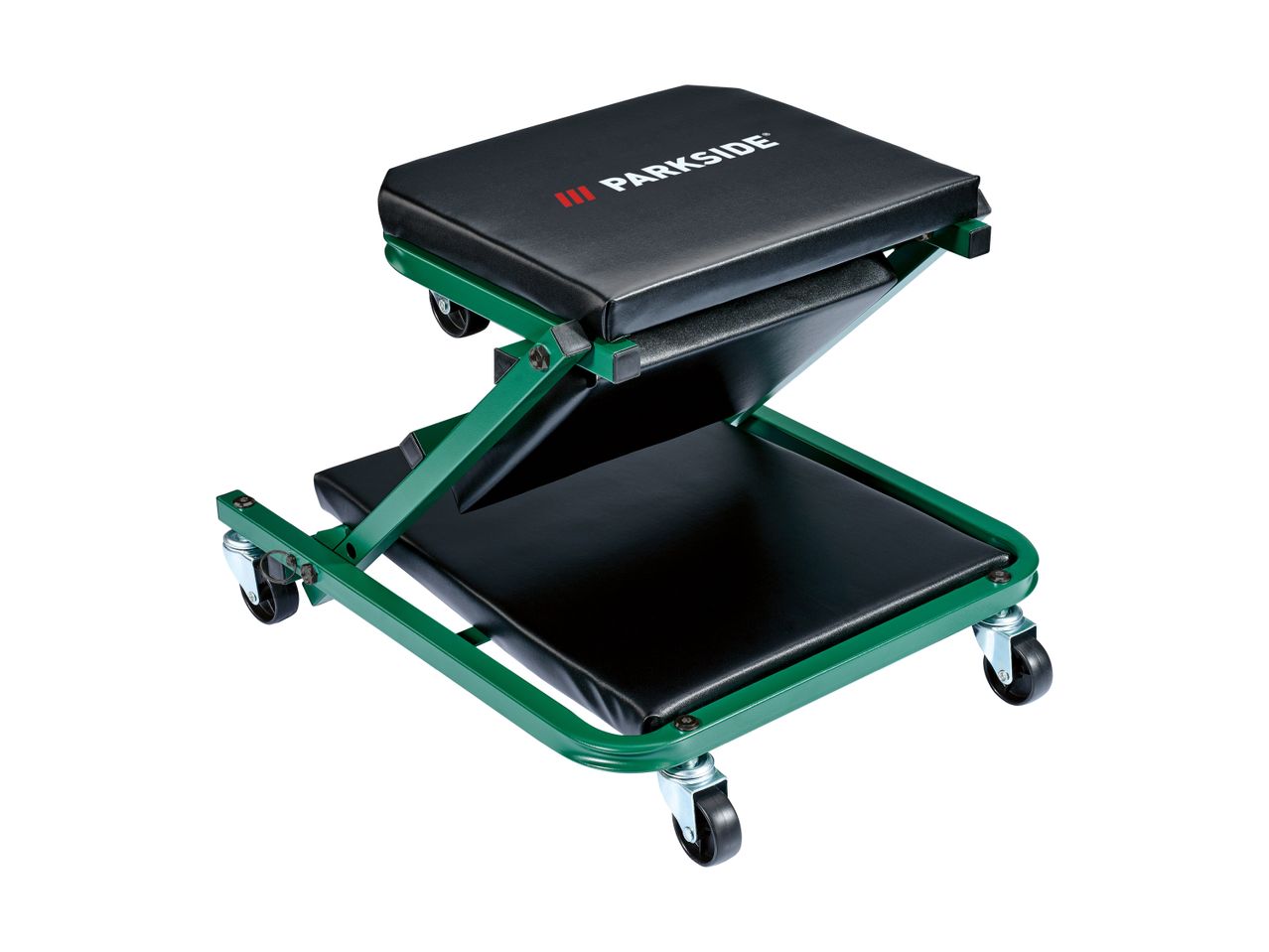 Green and black foldable workshop creeper seat with wheels, angled view.