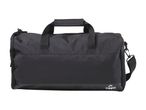 Black sports bag with top handles and a detachable shoulder strap, featuring a front pocket and a logo.