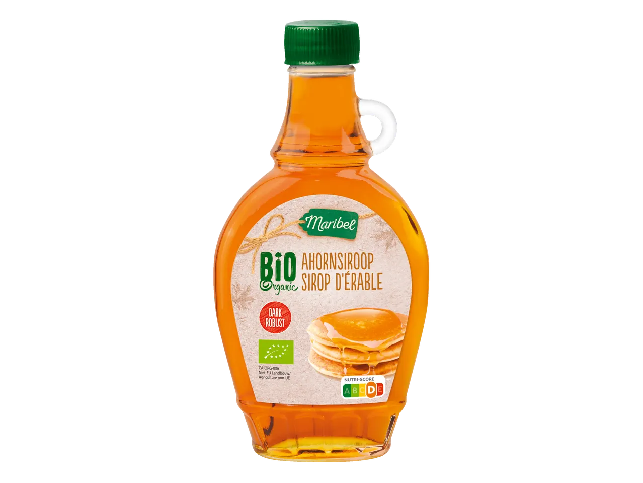 Maribel biologische ahornsiroop, donker en robuust.