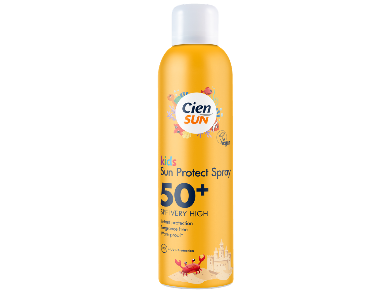 Spray solar Cien Sun SPF 50+ pentru copii, protecție instantanee, fără parfum, rezistent la apă.