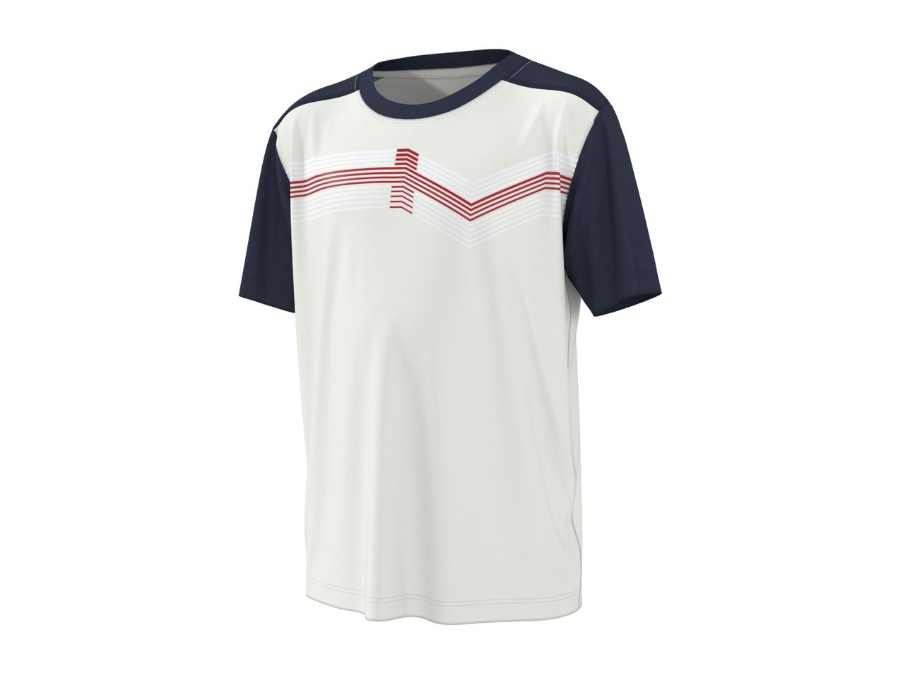 White t-shirt with navy blue sleeves and collar, featuring red and white chevron stripes.