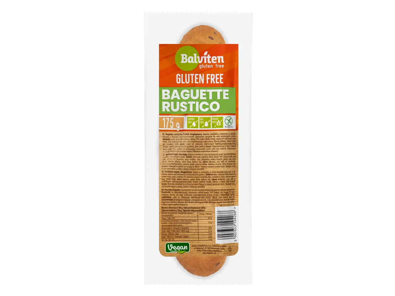 Balviten Gluténmentes Baguette Rustico: vegán kenyér, 175g.