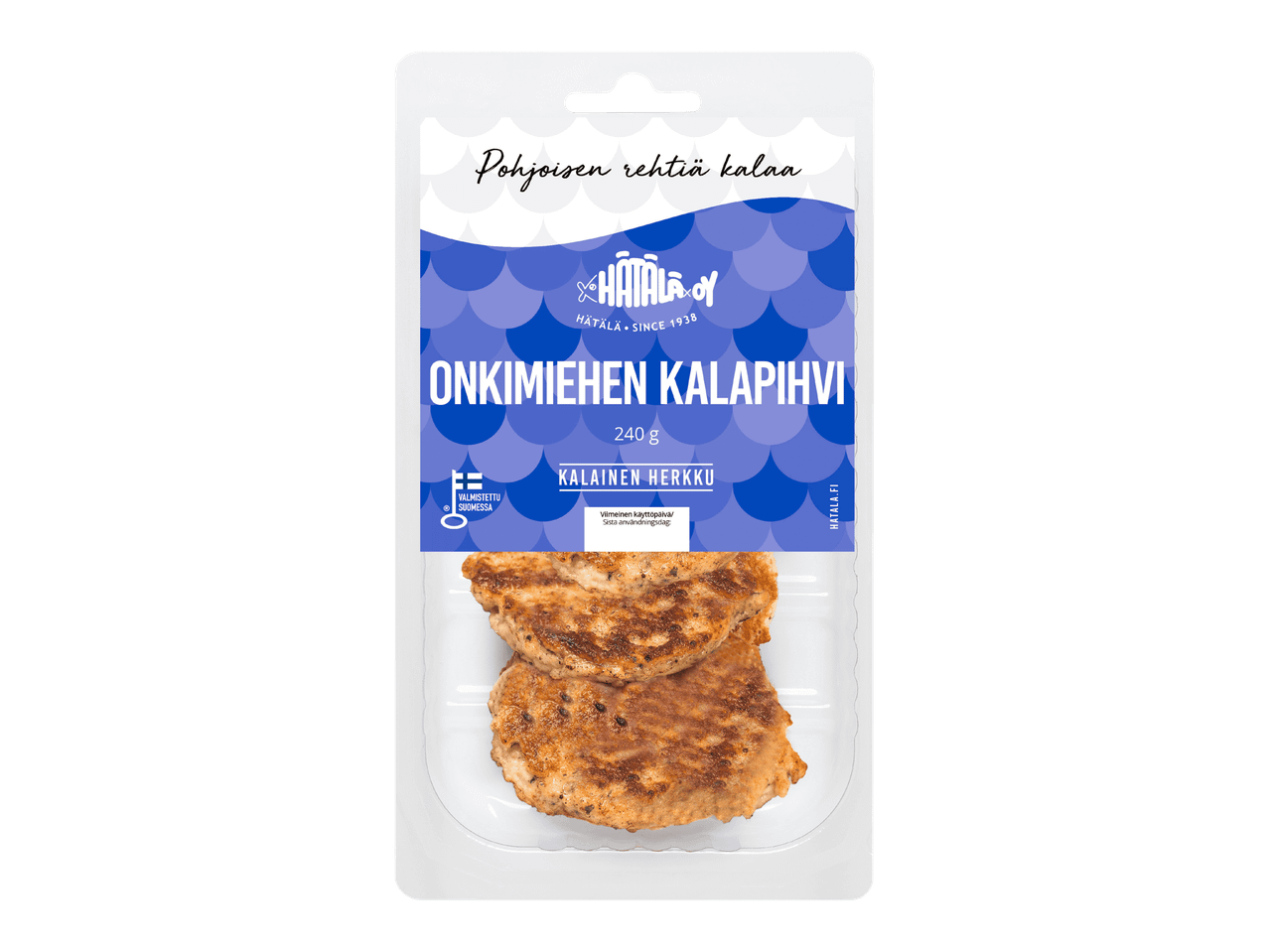 Pakkaus kalapihvejä, joissa on sininen etikettti ja tekstiä.