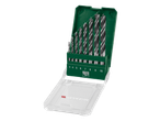 Conjunto de brocas para madeira numa caixa verde e transparente.