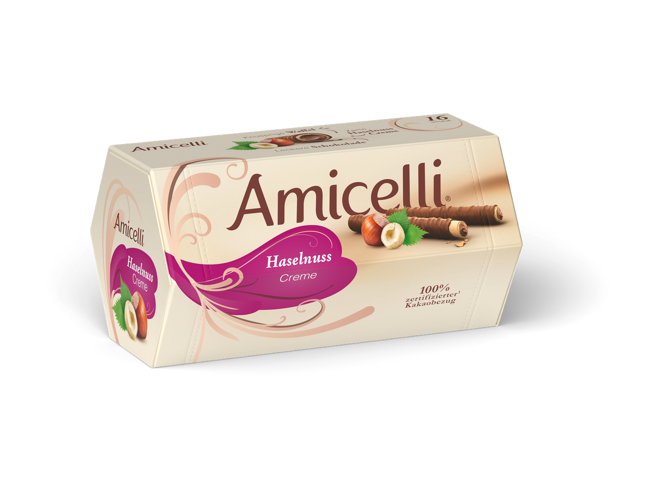 Doos met 16 hazelnootcrème wafels, omhuld met chocolade.