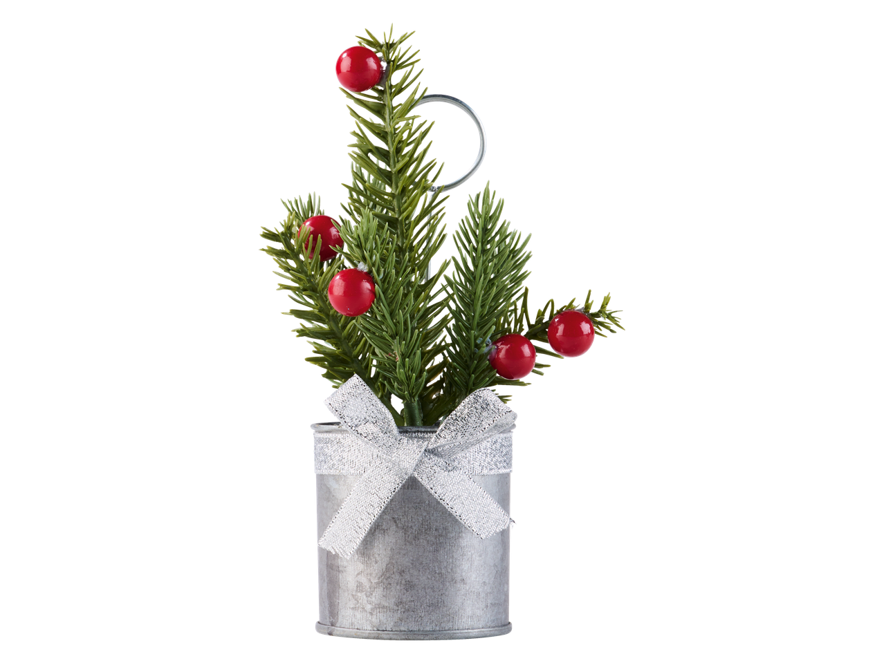 LIVARNO home Mini jõulupuu punaste marjade ja hõbedase paelaga tsinkpotis.