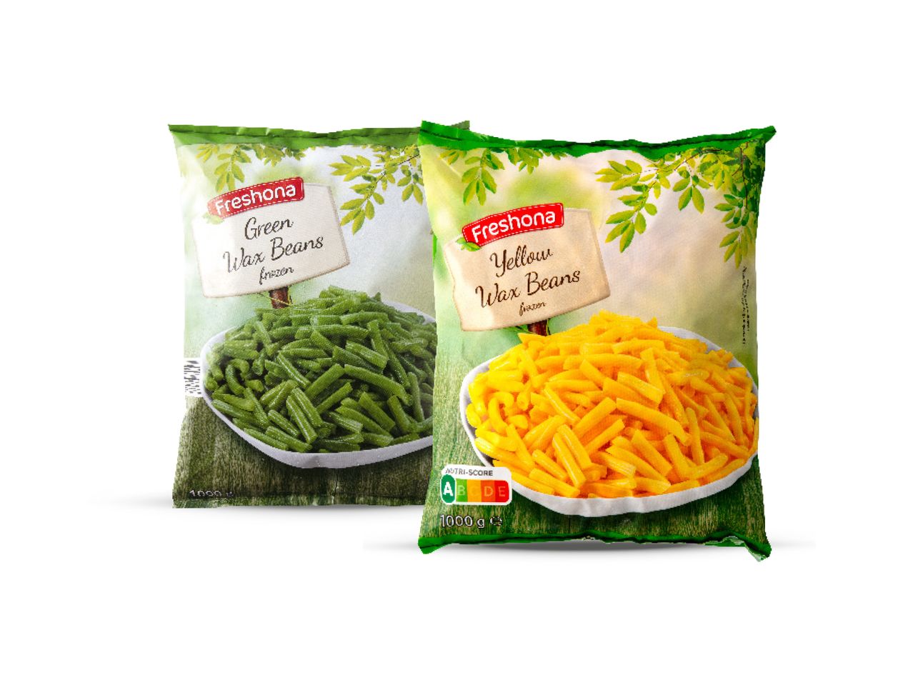 Dvije vrećice smrznutog graha Freshona, zeleni i žuti, s oznakom Nutri-Score.