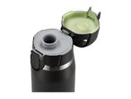 Open lid of a black insulated drinking bottle with a grey spout