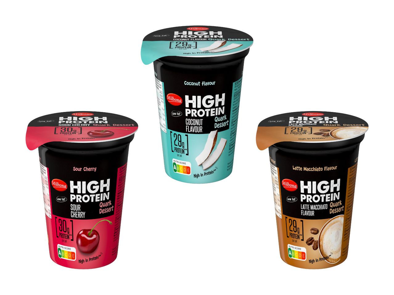 Drei Becher High Protein Joghurt in verschiedenen Geschmacksrichtungen.