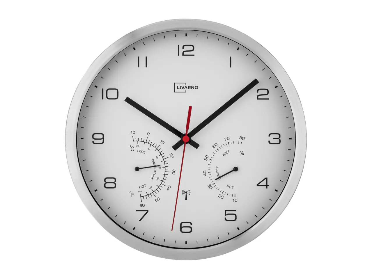 Round wall clock with built-in thermometer and hygrometer dials