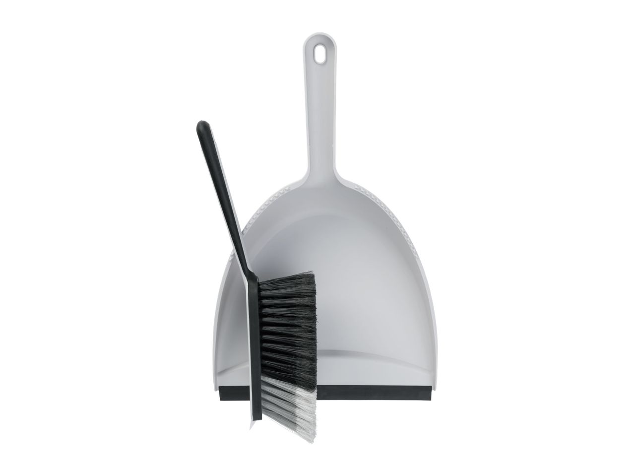 Grey dustpan and brush.