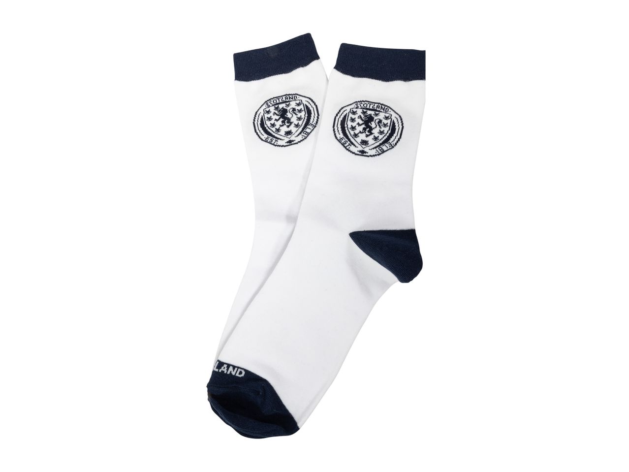 White socks with navy blue cuffs, heels, and toes, featuring a Scotland crest.
