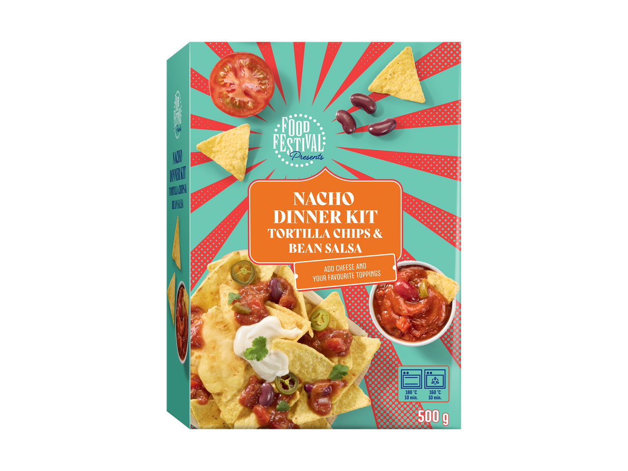 Kit de dîner nacho avec chips tortilla et salsa aux haricots, prêt à être garni.