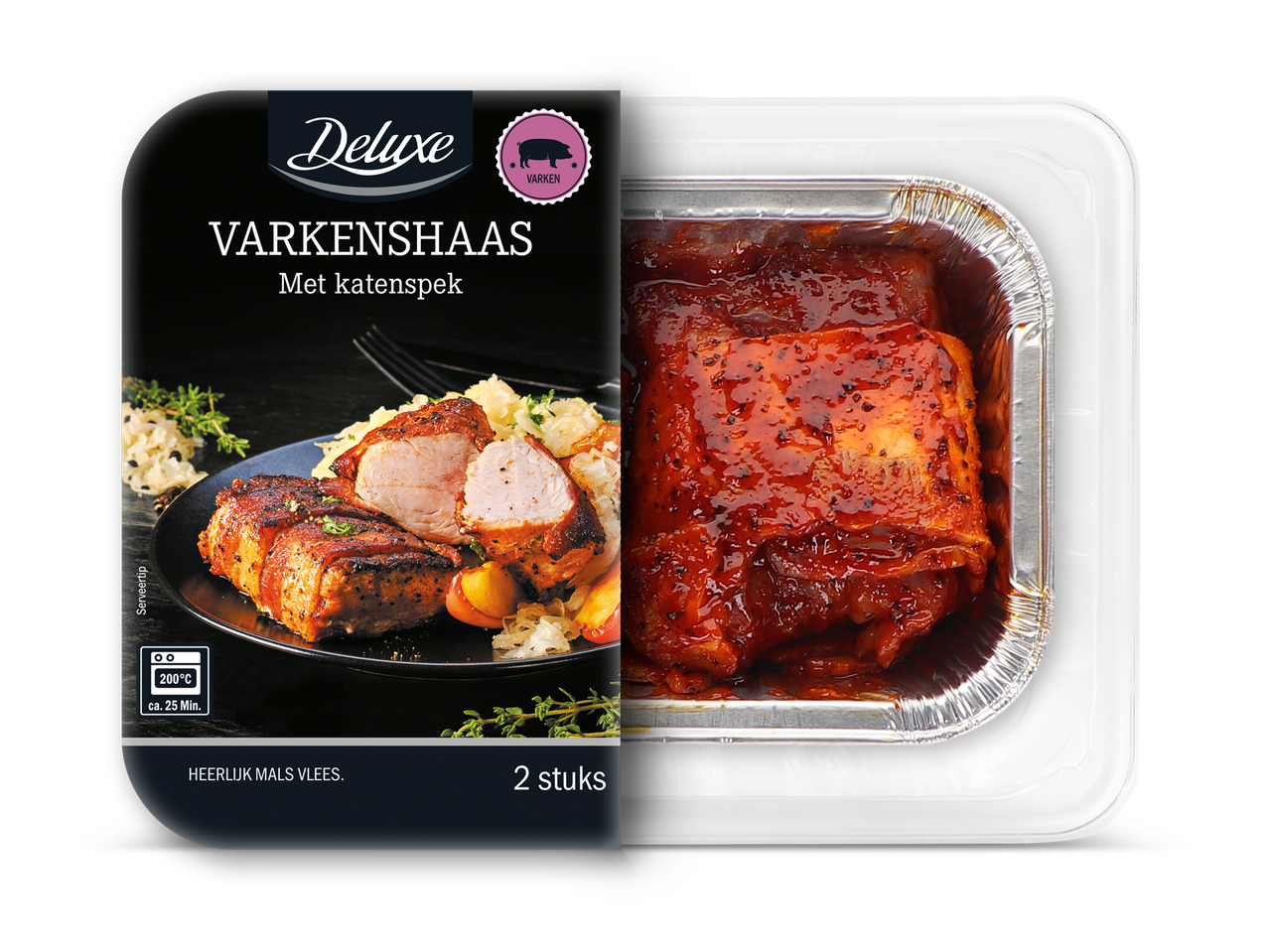 Varkenshaas met katenspek in een aluminium bakje, met een serveersuggestie op de verpakking.