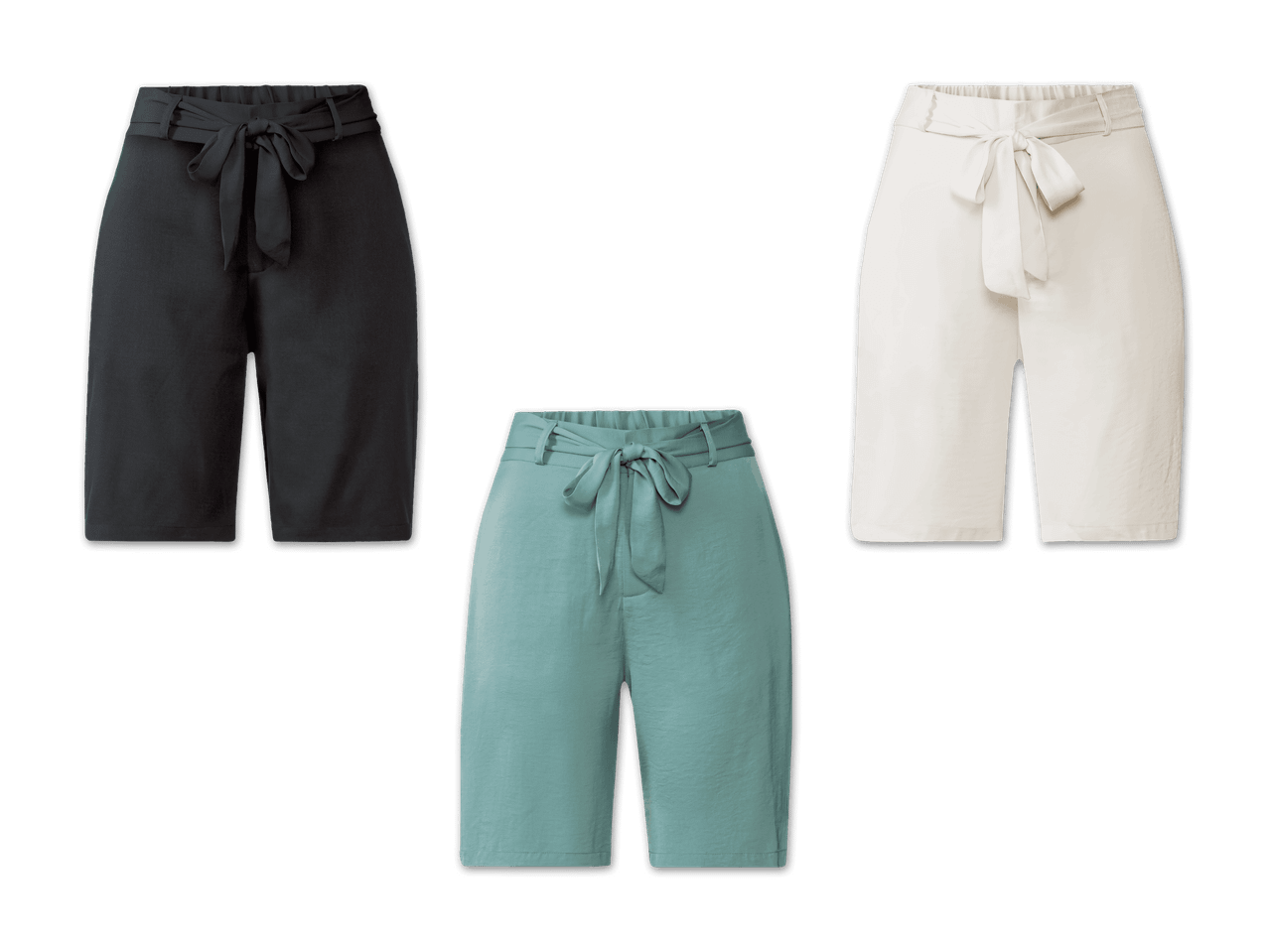 Weiße, schwarze und türkisfarbene Shorts mit Bindegürtel.