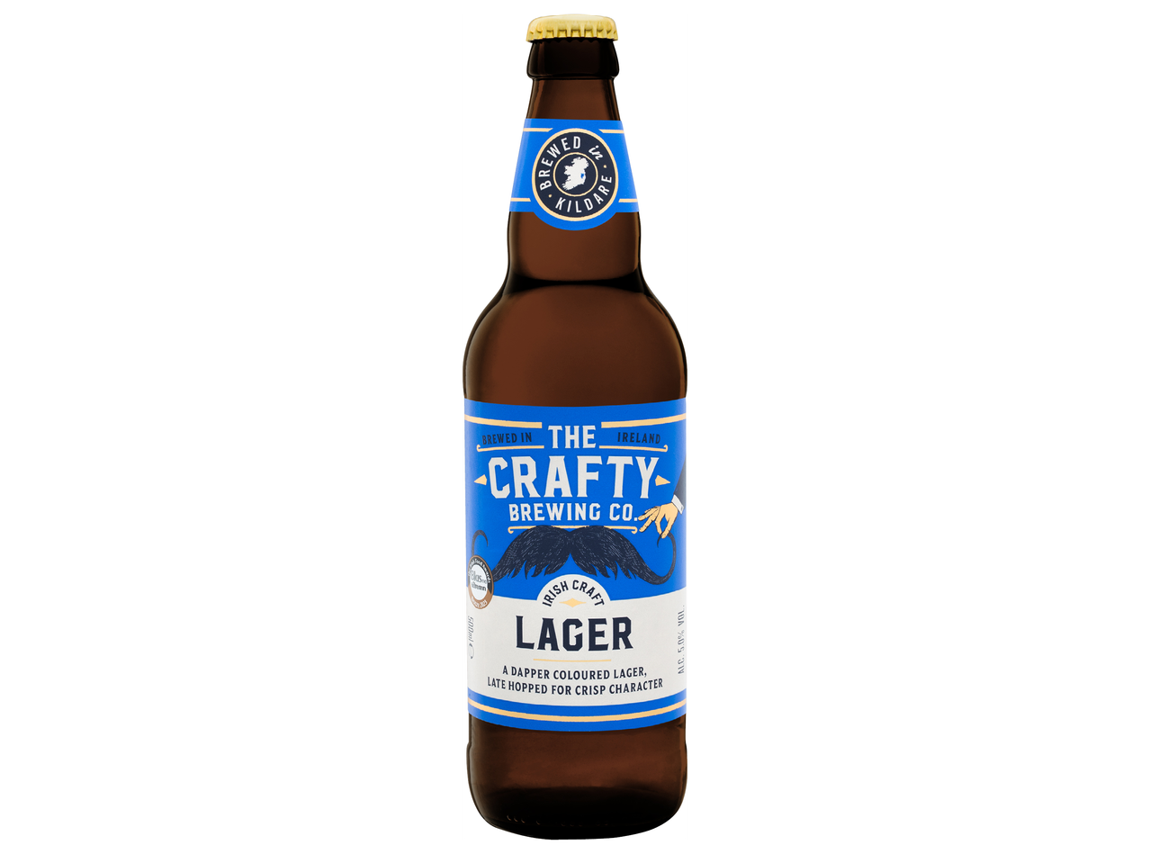 Бутилка бира лагер със синя етикет, мустаци и надпис 'Brewed in Kildare'