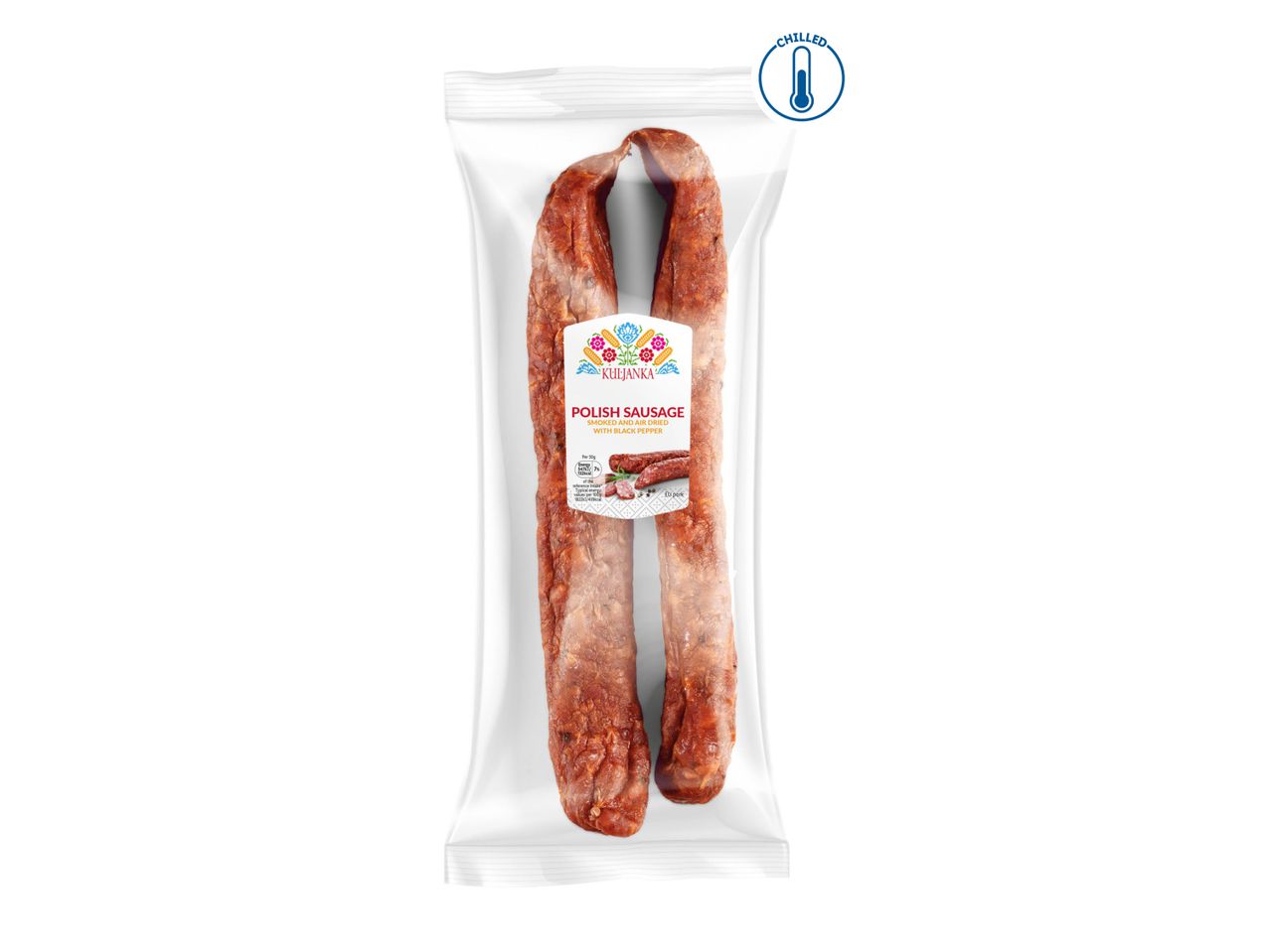 A package of two Arosa smoked sausages.