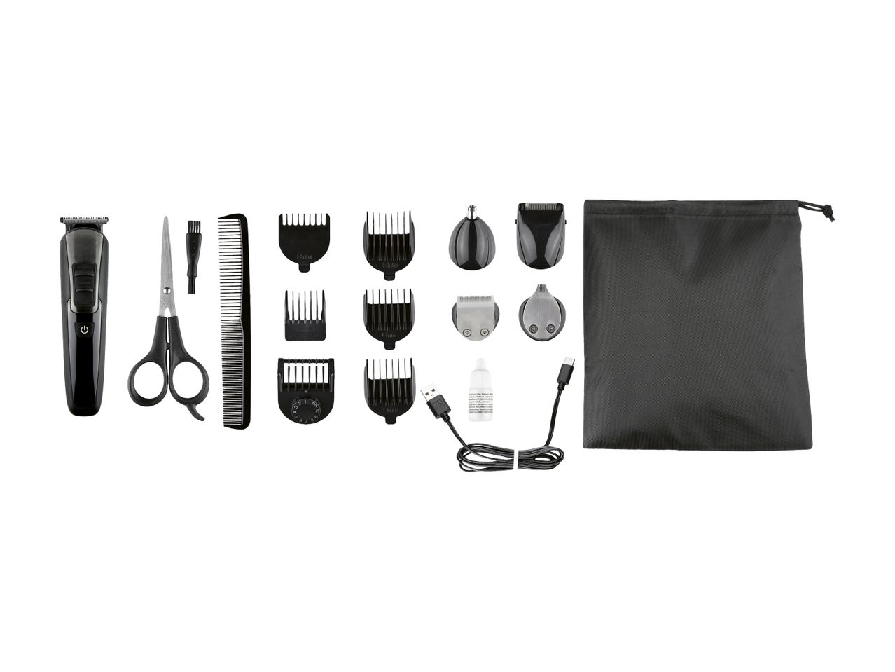 Hair clipper set with various attachments, scissors, comb, cleaning brush, oil, charging cable, and storage bag.