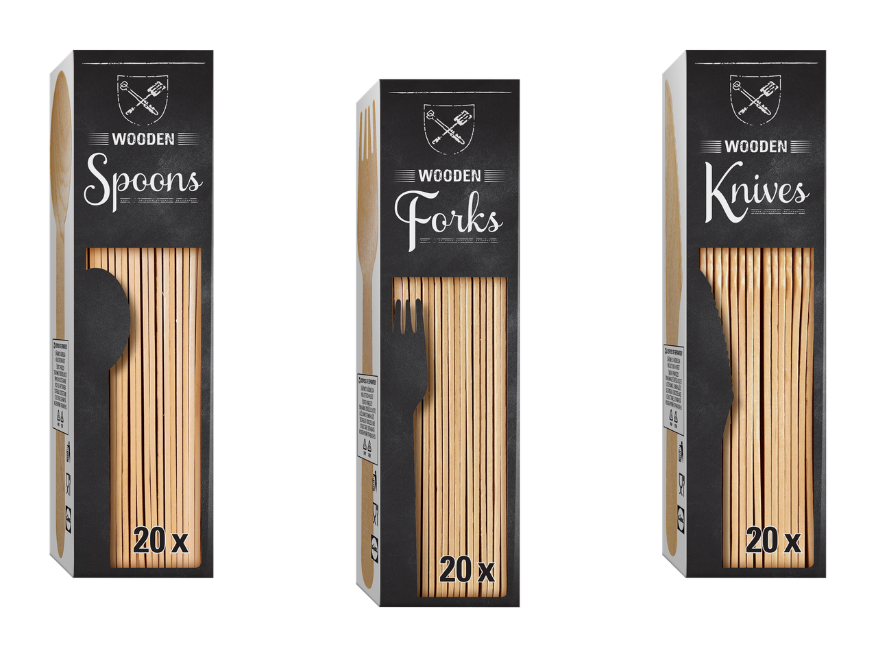 Trije paketi lesenih jedilnih priborov: žlice, vilice in noži, vsak po 20 kosov.