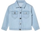 Light blue denim jacket with metal buttons and chest pockets.