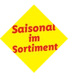 Gelbes Siegel mit rotem Text: Saisonal im Sortiment.