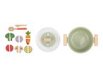 Toy cooking set with pot, lid, spoon, knife, and sliced vegetables like broccoli, carrot, tomato.