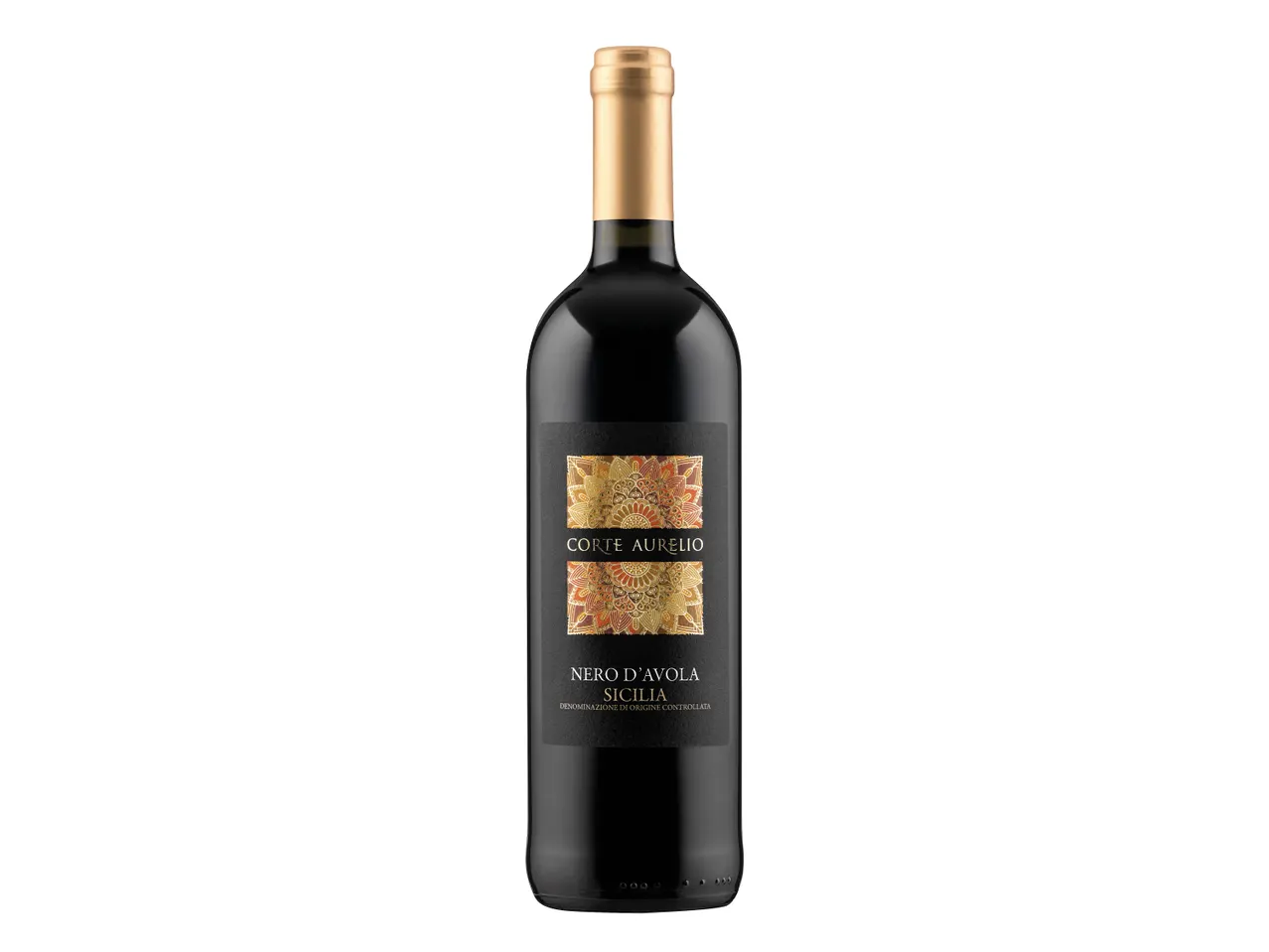Bottle of Corte Aurelio Nero d'Avola Sicilia red wine.