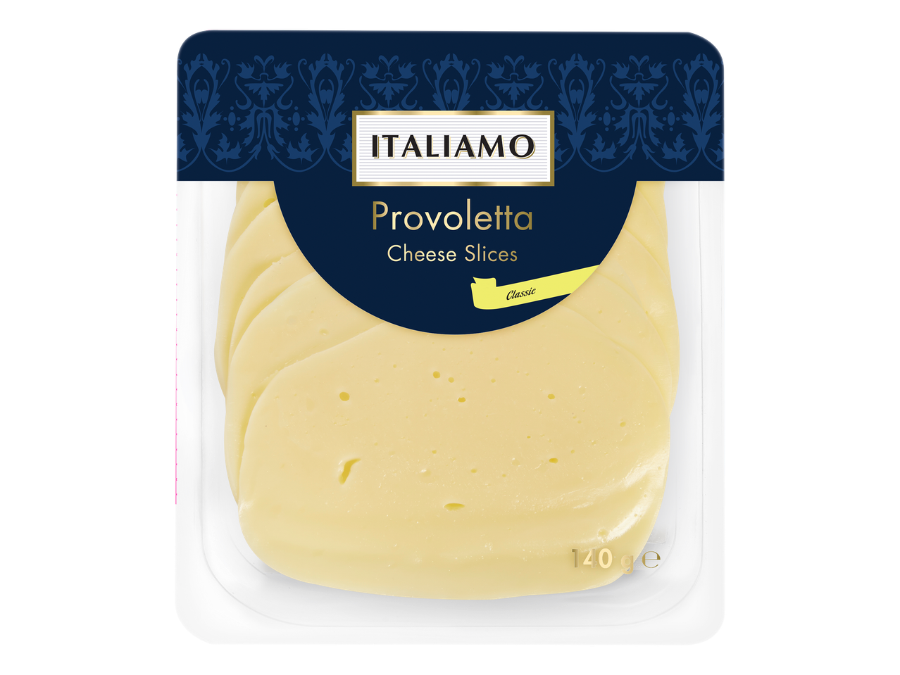 Tranches de fromage Provolone, 140g, emballage bleu et or