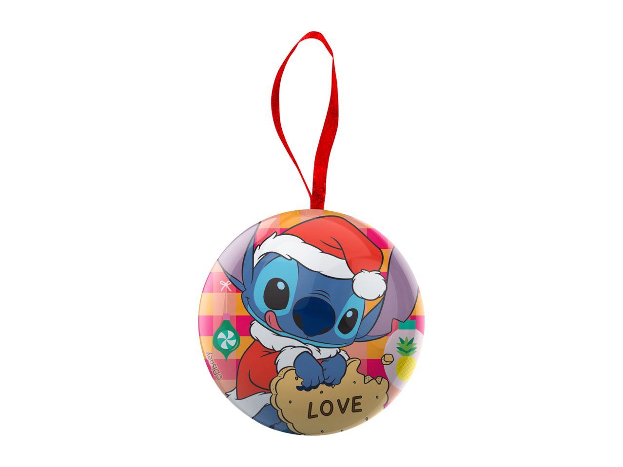 Stitch Christmas ornament with Santa hat, holding a cookie that says 'LOVE'.