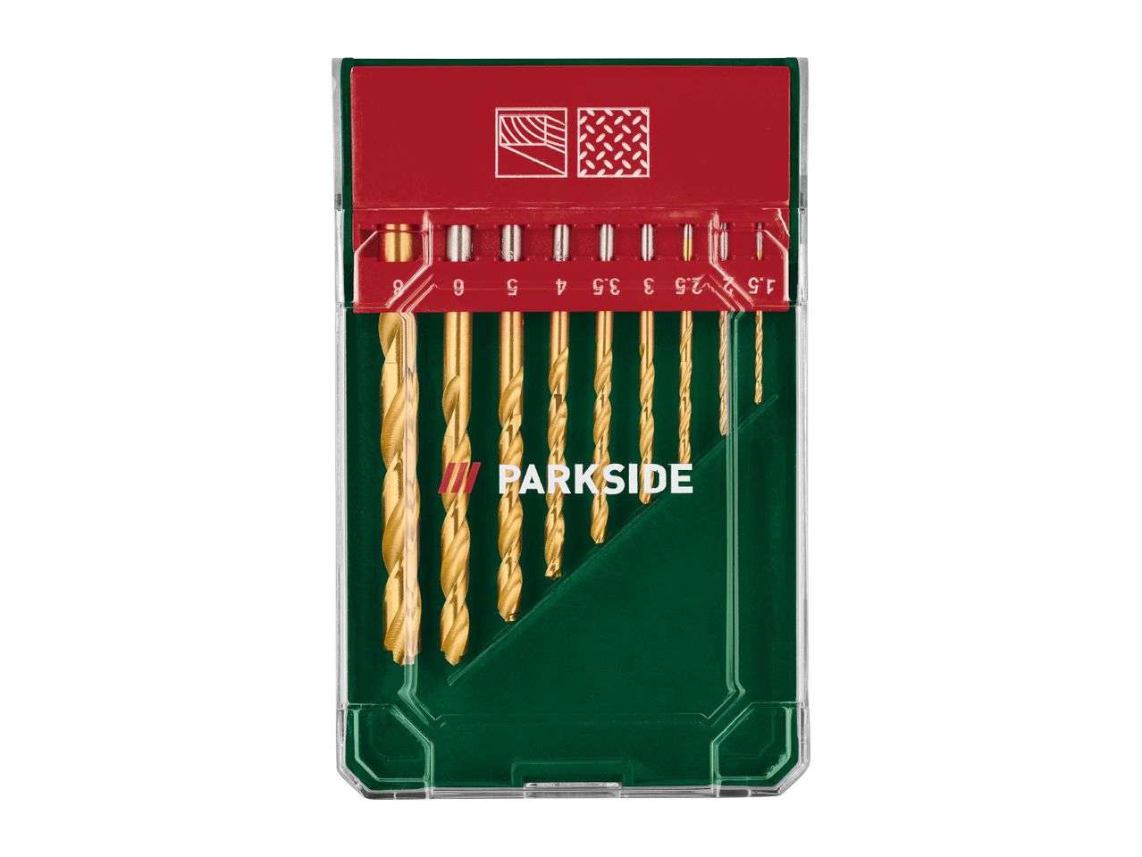 A set of golden drill bits in a red and green plastic case, with sizes ranging from 1.5 to 6.