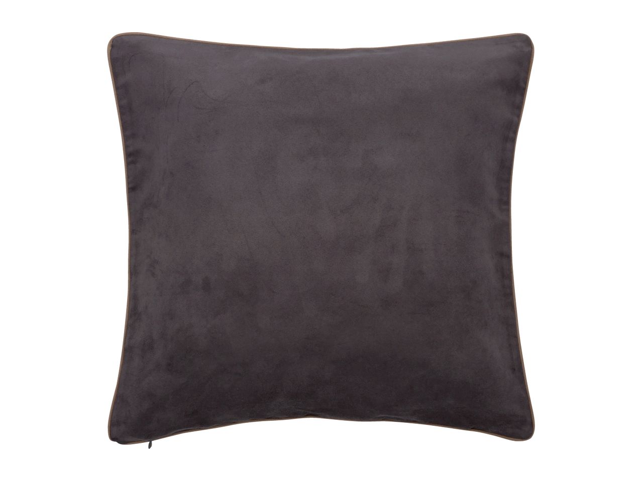 A dark gray velvet throw pillow with brown piping.
