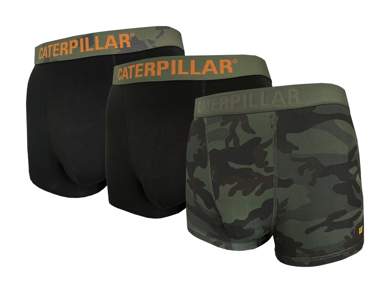 Three pairs of men's boxer briefs, two black and one camouflage, with branded waistbands.