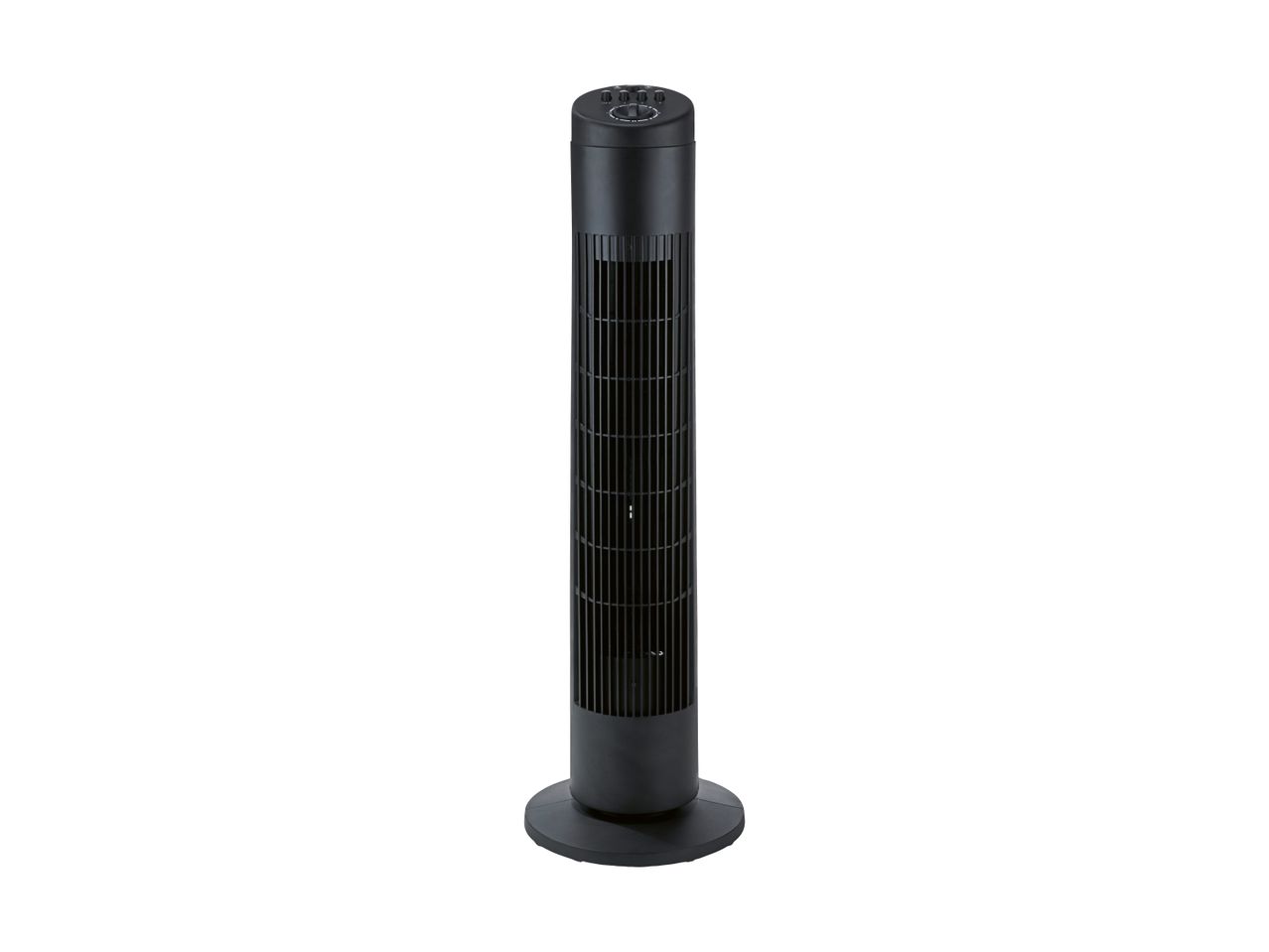 Sort tårnventilator med kontrolknapper på toppen