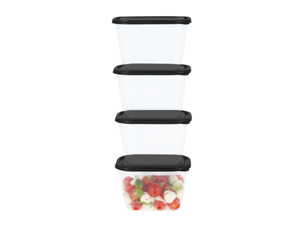 Stack of four clear rectangular food containers with black lids, one filled with salad.