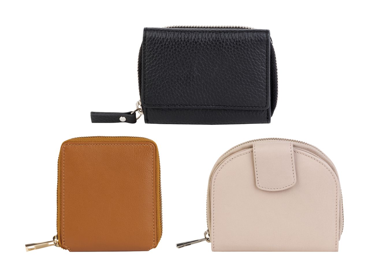 Drei verschiedene Ledergeldbörsen in Schwarz, Braun und Beige.