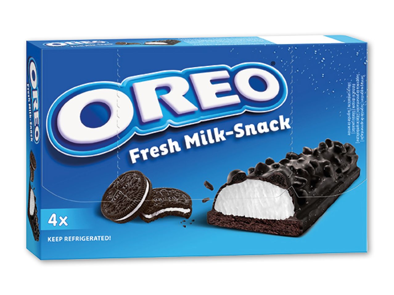 Blå pakke med chokoladekiks og mælkesnacks, der viser 4 portioner og køleopbevaring.