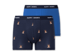 Zwei Happy Shorts Boxershorts, eine blaue und eine dunkelblaue mit Rentier-Muster.