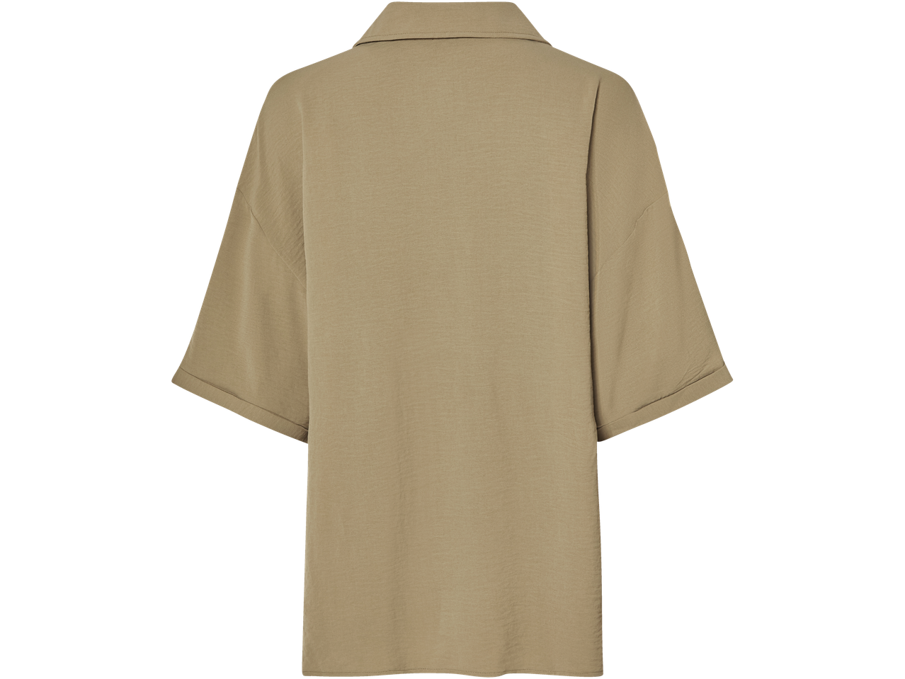 En khaki, kortärmad skjorta med krage, bakifrån.