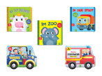 Fünf Kinderbücher und Spielzeugautos: Bauernhof, Zoo, Fahrzeuge.