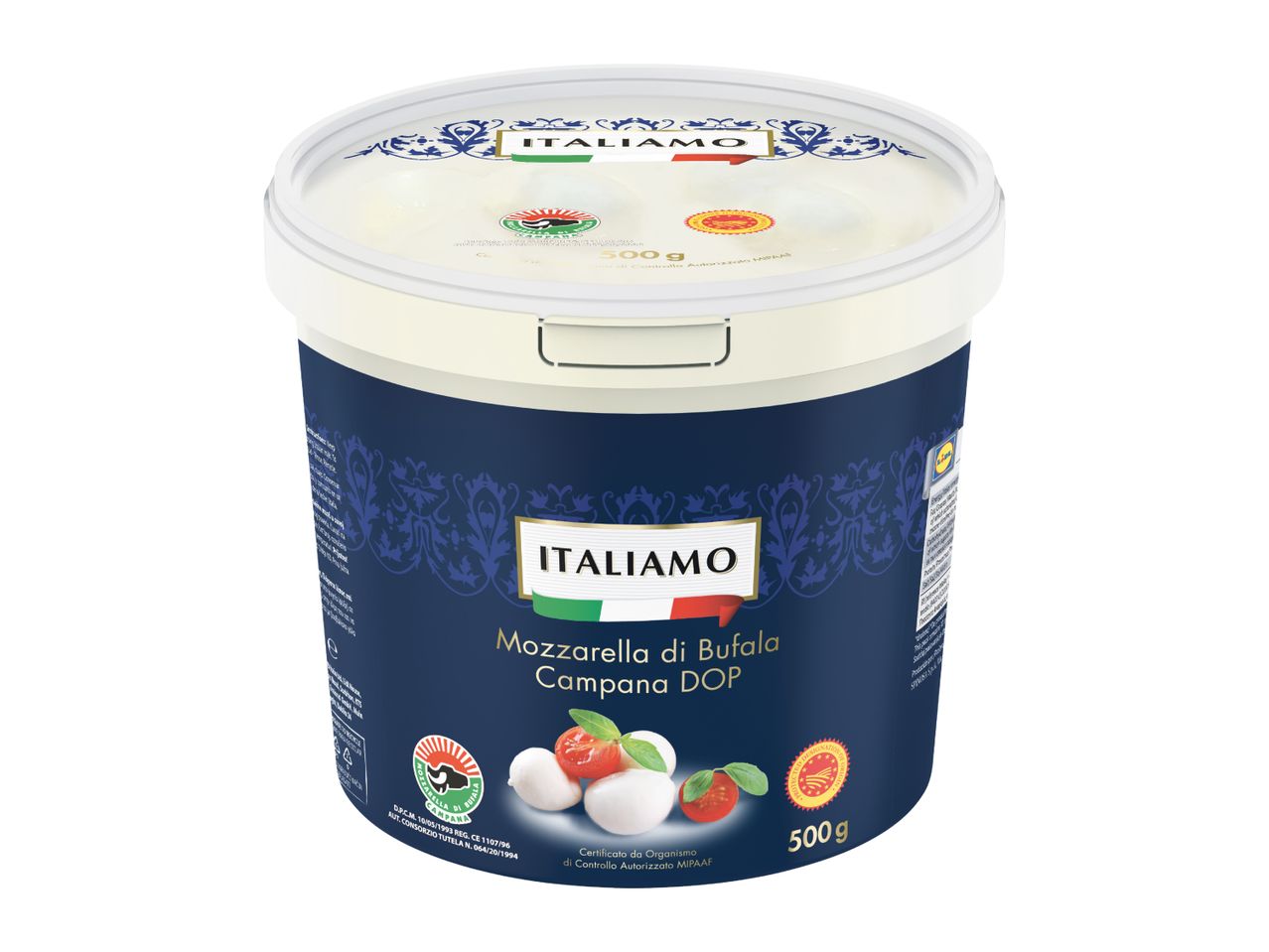A tub of Mozzarella di Bufala Campana DOP, 500g, with tomatoes and basil.