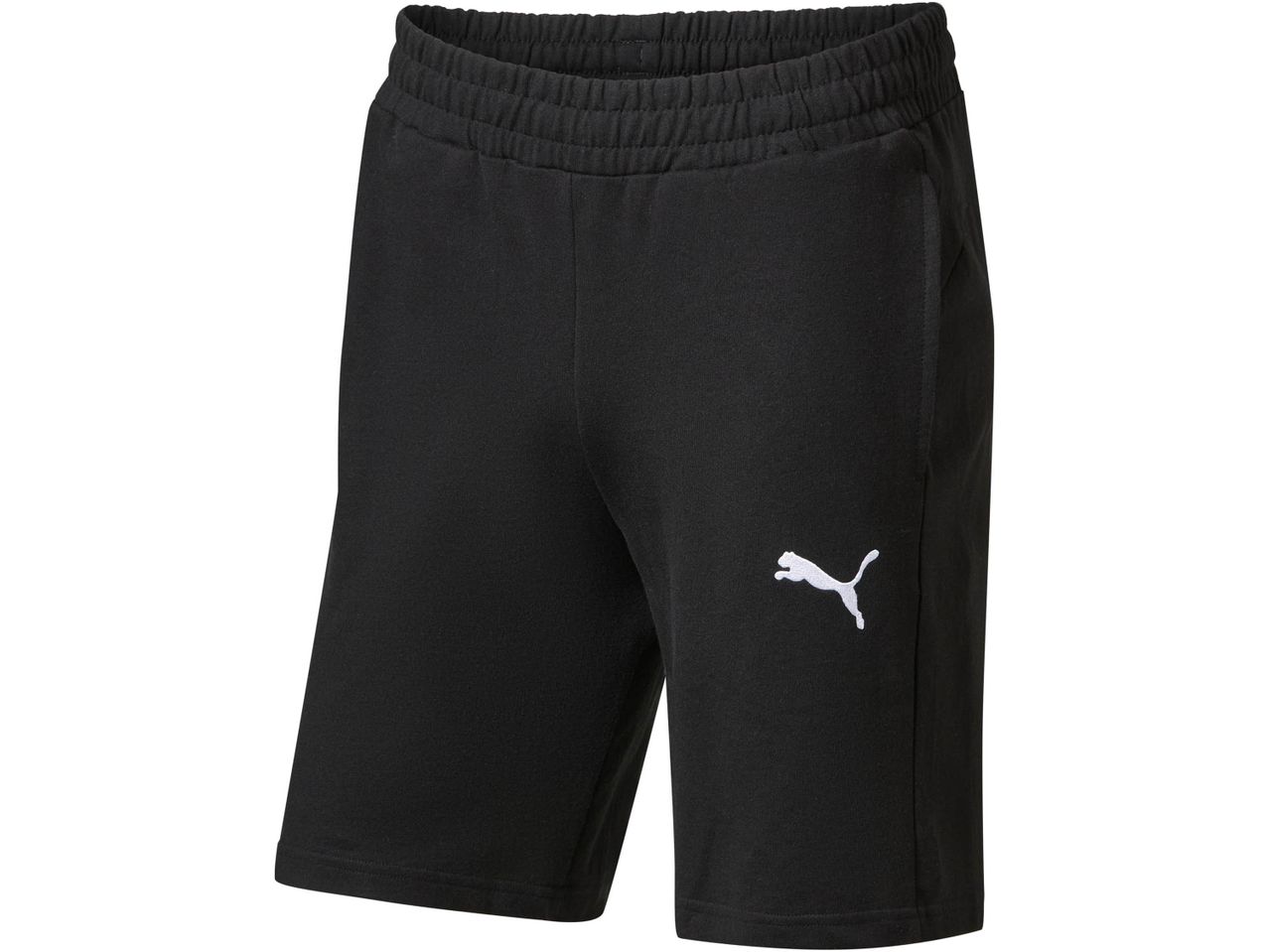 Black Puma shorts with an elastic waistband and white logo on the left leg.