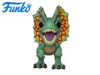 A green dinosaur toy with a yellow and red frill, open mouth, and sharp teeth.