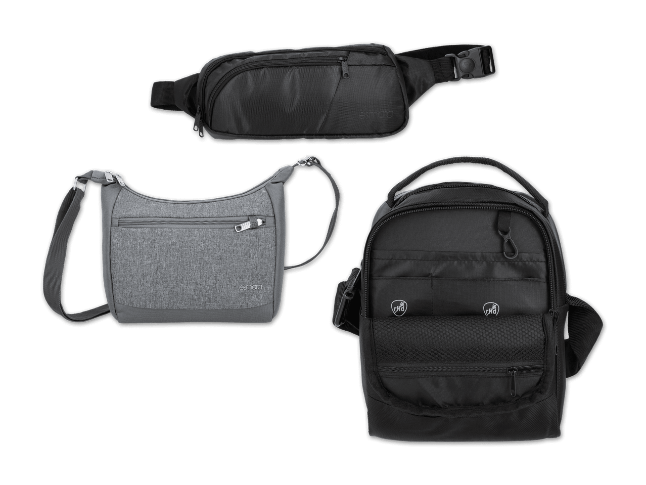 Drei Taschen: eine schwarze Bauchtasche, eine graue Umhängetasche und eine schwarze Kameratasche.