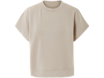Bézs színű, rövid ujjú, kerek nyakú női póló.